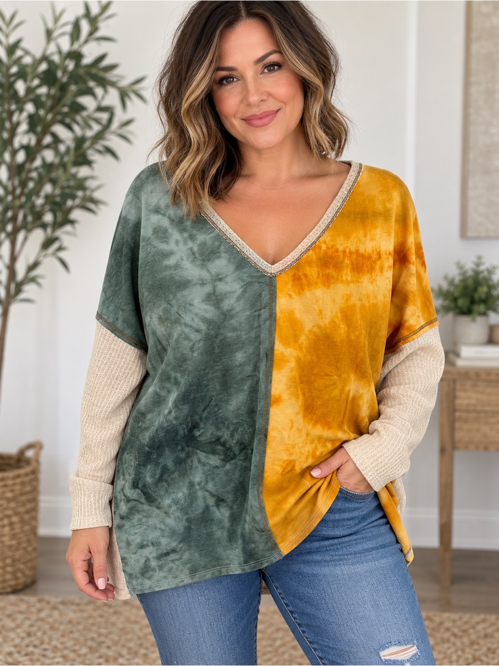 Bibi Colorblock Tie-Dye V-Neck Sweater - Green & Mustard Waffle Knit Size S-L